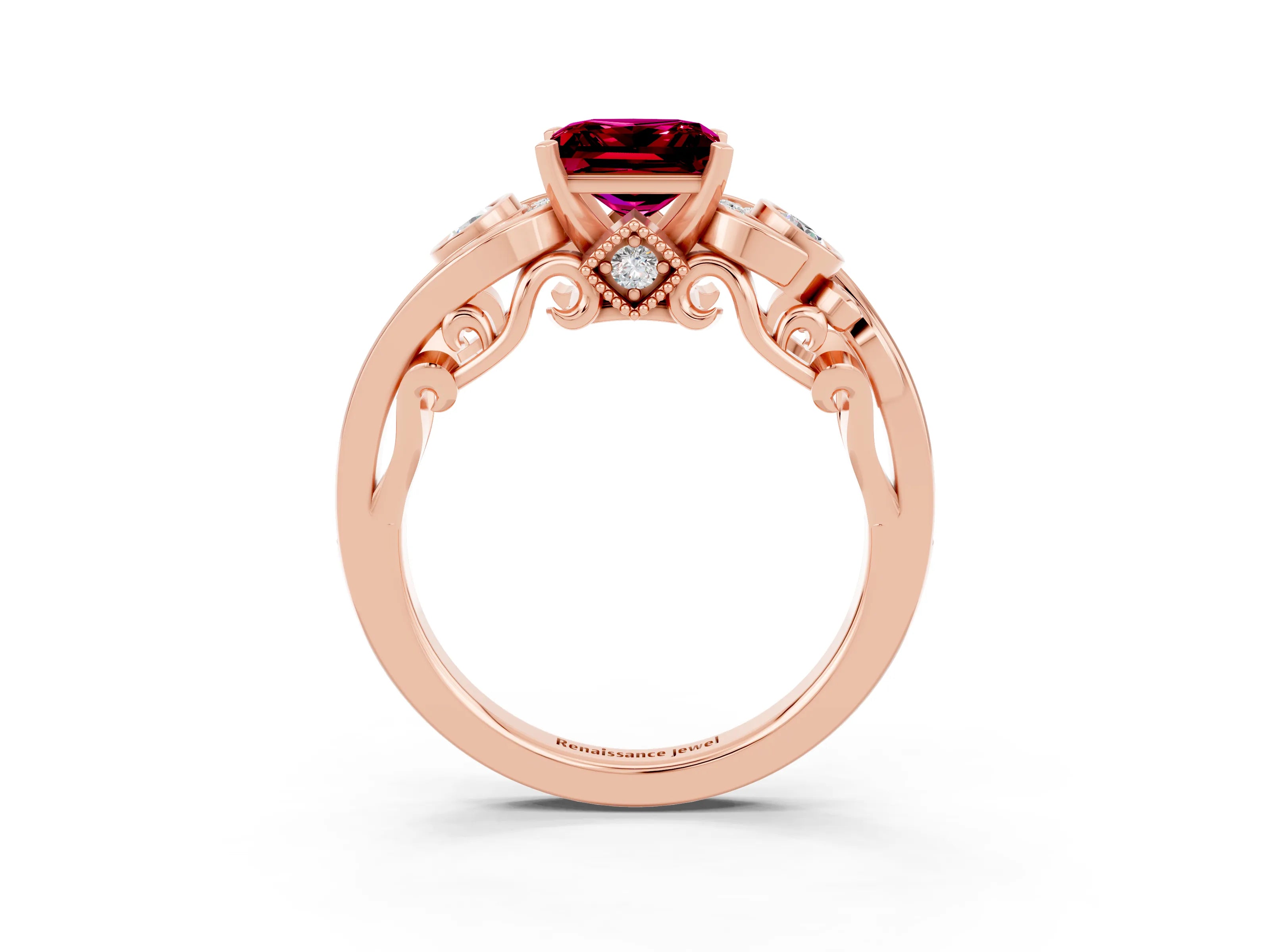 Rose gold Princess Cut Garnet Solitaire Ring with Milgrain Pavé Band and Four-Prong Setting_27