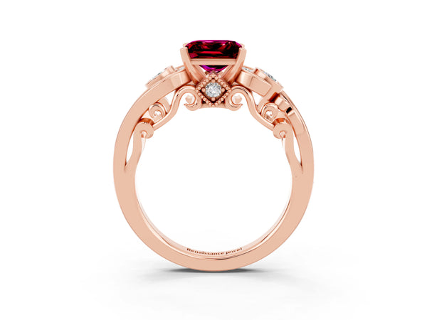 Rose gold Princess Cut Garnet Solitaire Ring with Milgrain Pavé Band and Four-Prong Setting