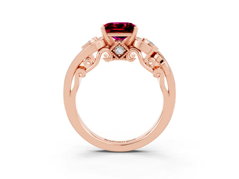 Rose gold Princess Cut Garnet Solitaire Ring with Milgrain Pavé Band and Four-Prong Setting_27
