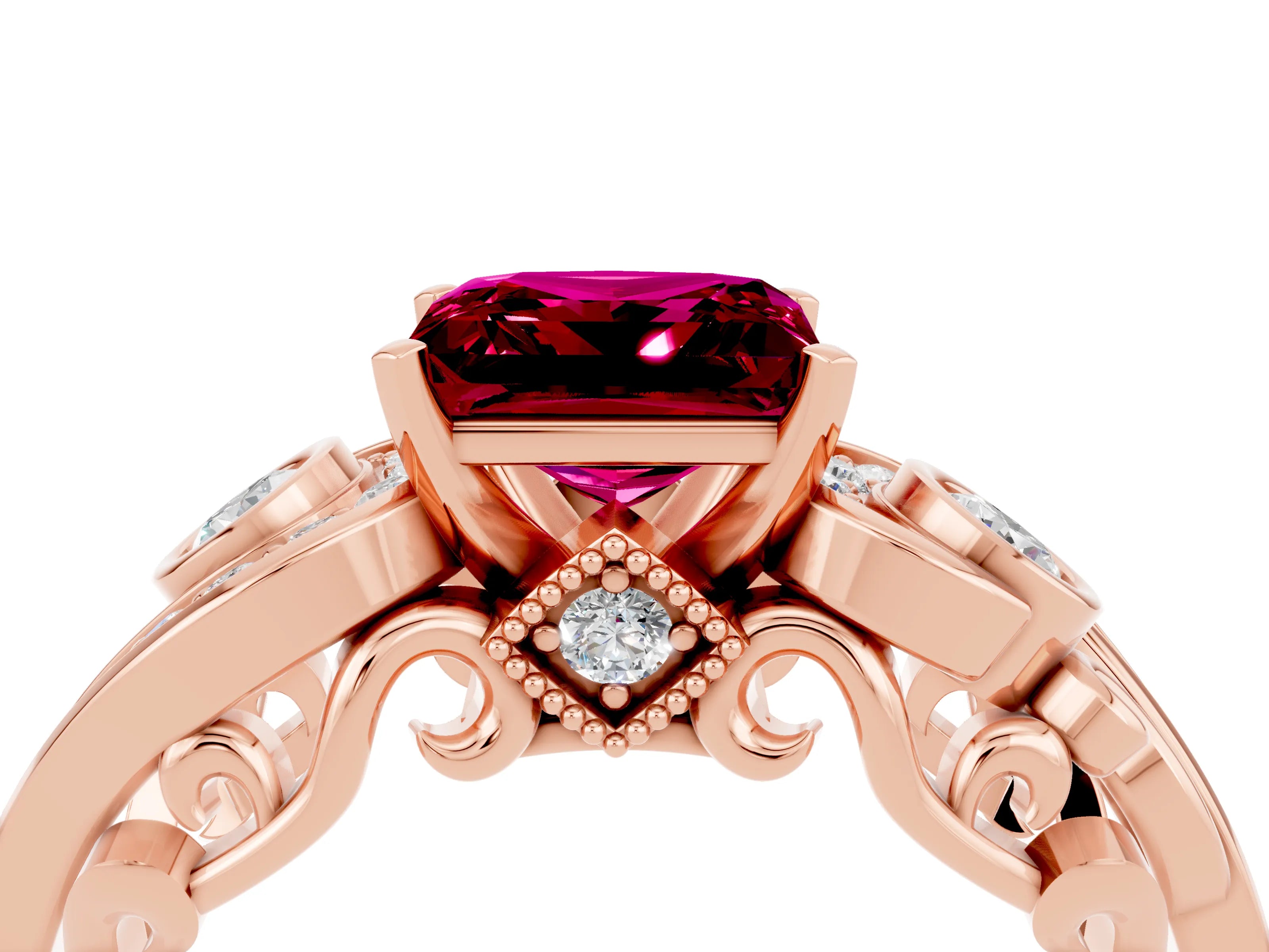 Rose gold Princess Cut Garnet Solitaire Ring with Milgrain Pavé Band and Four-Prong Setting_28