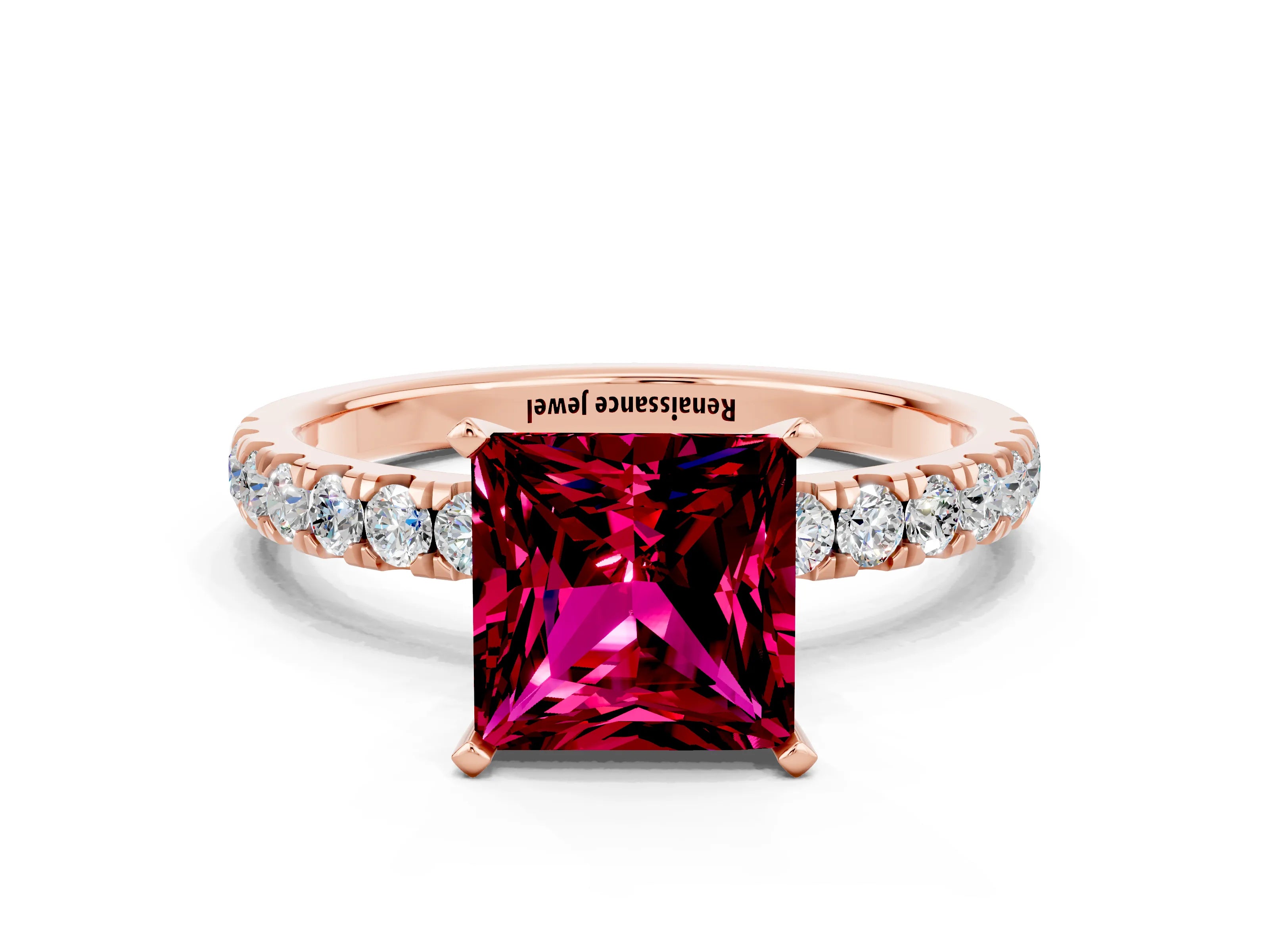Rose gold Princess Cut Garnet Solitaire Ring with Pavé Accents and Four-Prong Setting