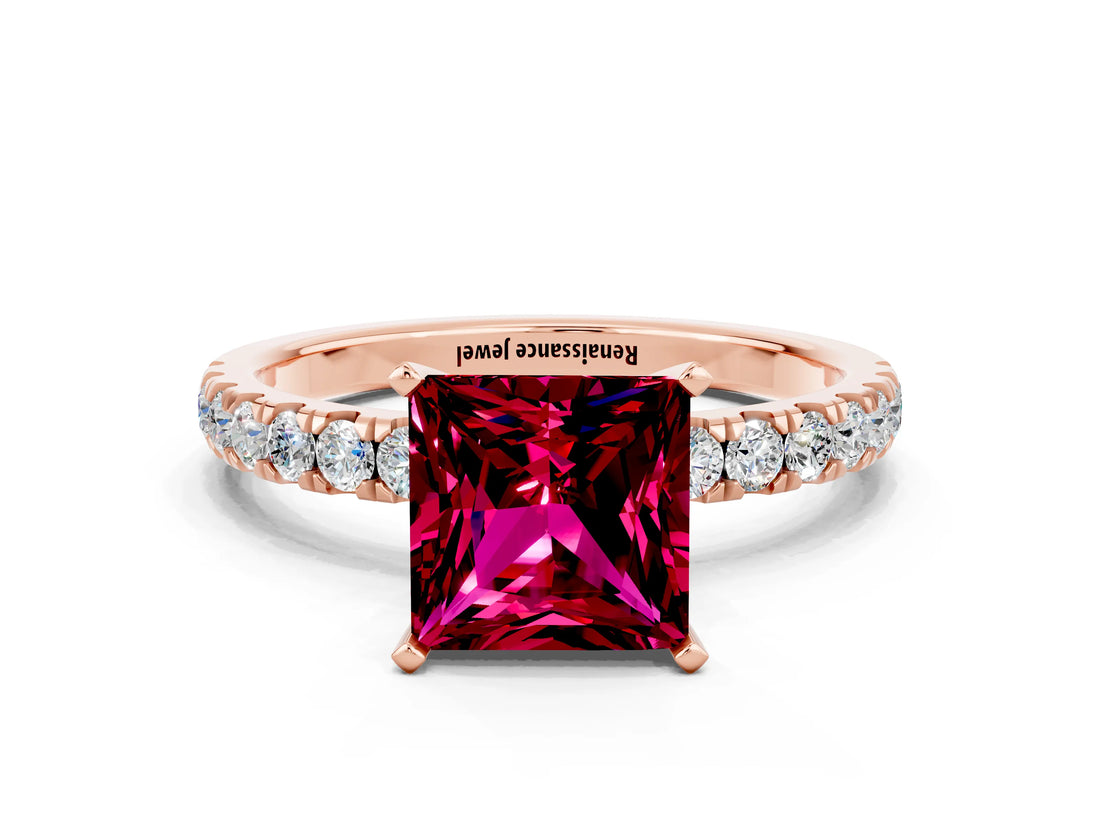 Rose gold Princess Cut Garnet Solitaire Ring with Pavé Accents and Four-Prong Setting