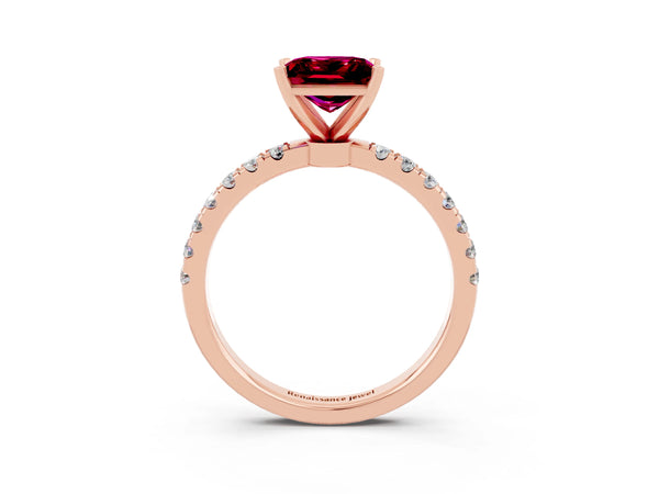 Rose gold Princess Cut Garnet Solitaire Ring with Pavé Accents and Four-Prong Setting