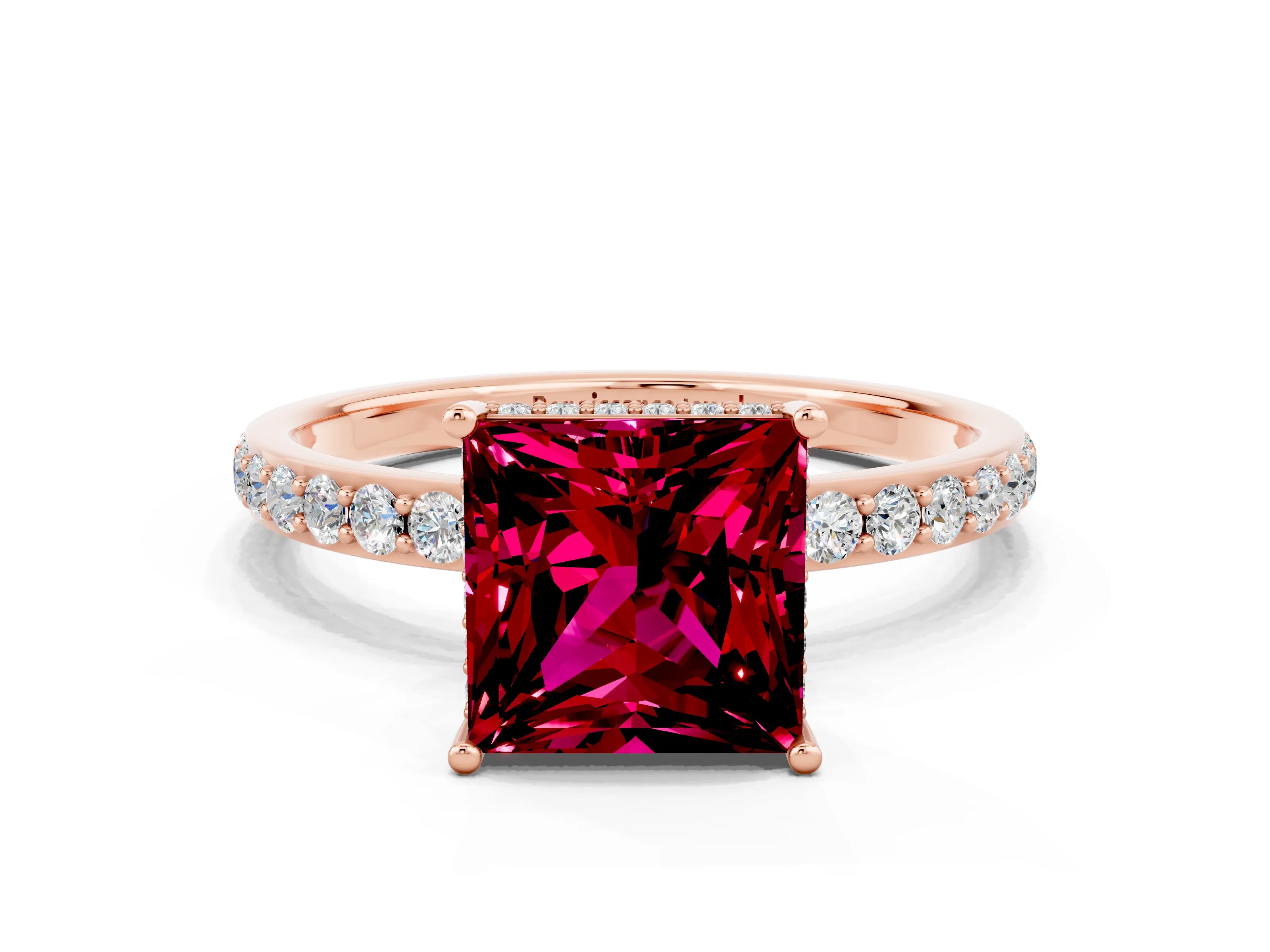 Rose gold Princess Cut Garnet Solitaire Ring with Pavé Band and Hidden Halo_12