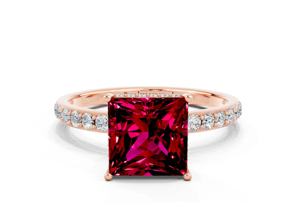 Rose gold Princess Cut Garnet Solitaire Ring with Pavé Band and Hidden Halo