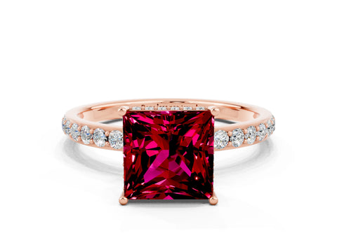 Rose gold Princess Cut Garnet Solitaire Ring with Pavé Band and Hidden Halo_12