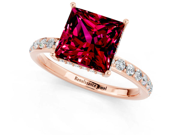 Rose gold Princess Cut Garnet Solitaire Ring with Pavé Band and Hidden Halo