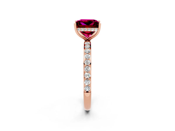 Rose gold Princess Cut Garnet Solitaire Ring with Pavé Band and Hidden Halo