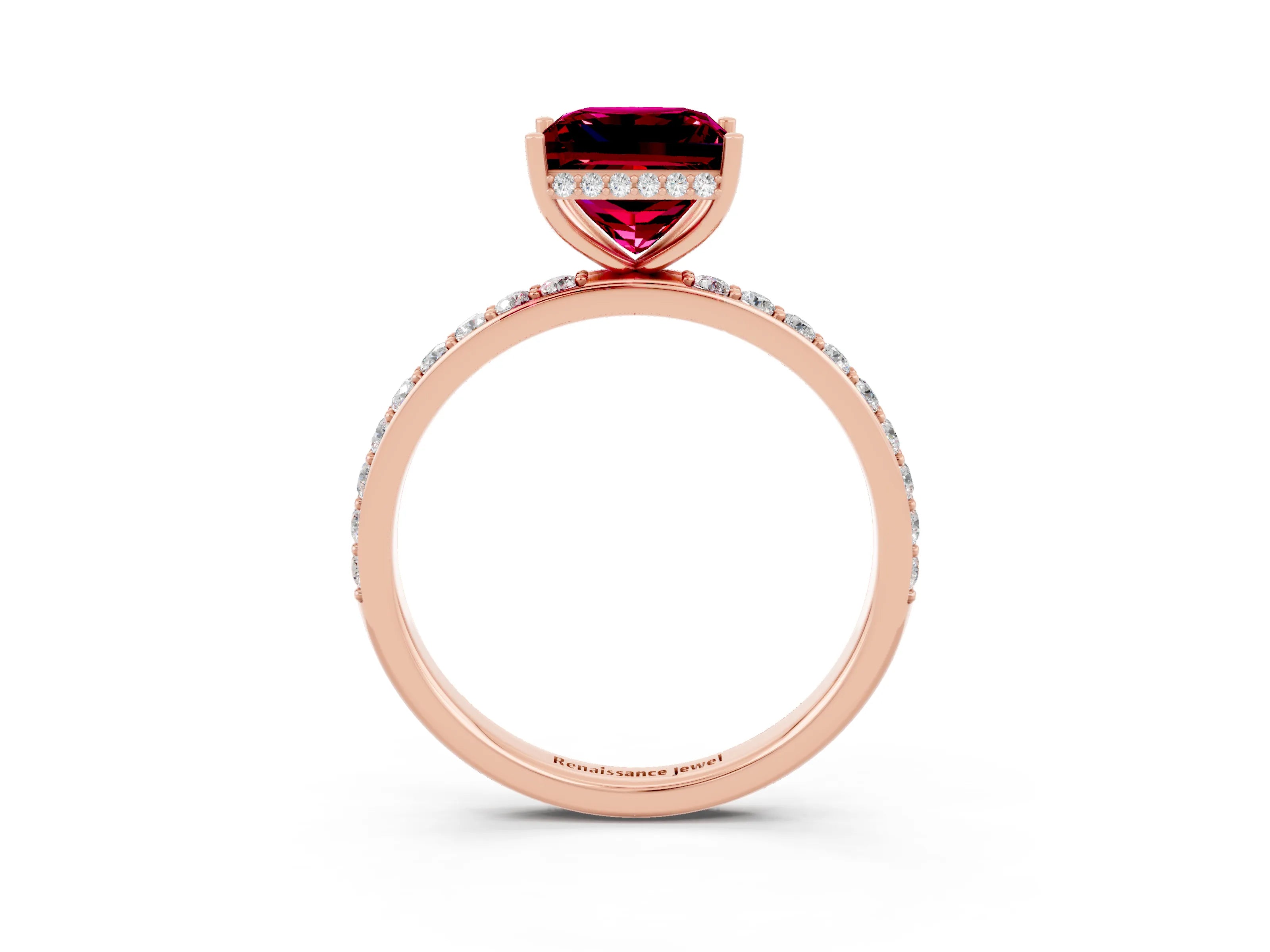 Rose gold Princess Cut Garnet Solitaire Ring with Pavé Band and Hidden Halo_15