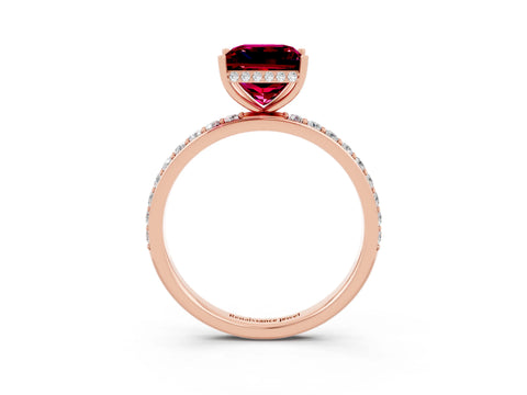Rose gold Princess Cut Garnet Solitaire Ring with Pavé Band and Hidden Halo_15