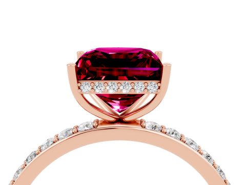 Rose gold Princess Cut Garnet Solitaire Ring with Pavé Band and Hidden Halo_16