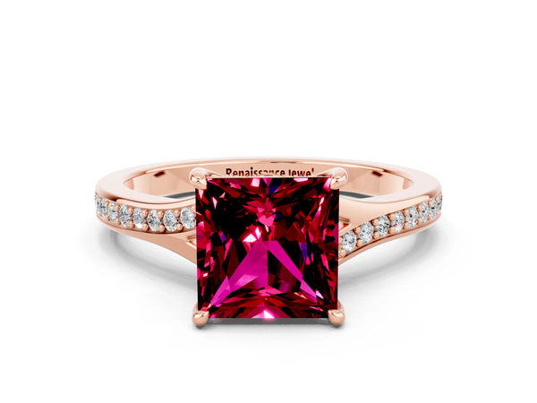 Rose gold Princess Cut Garnet Solitaire Ring with Pavé Band and Prong Setting
