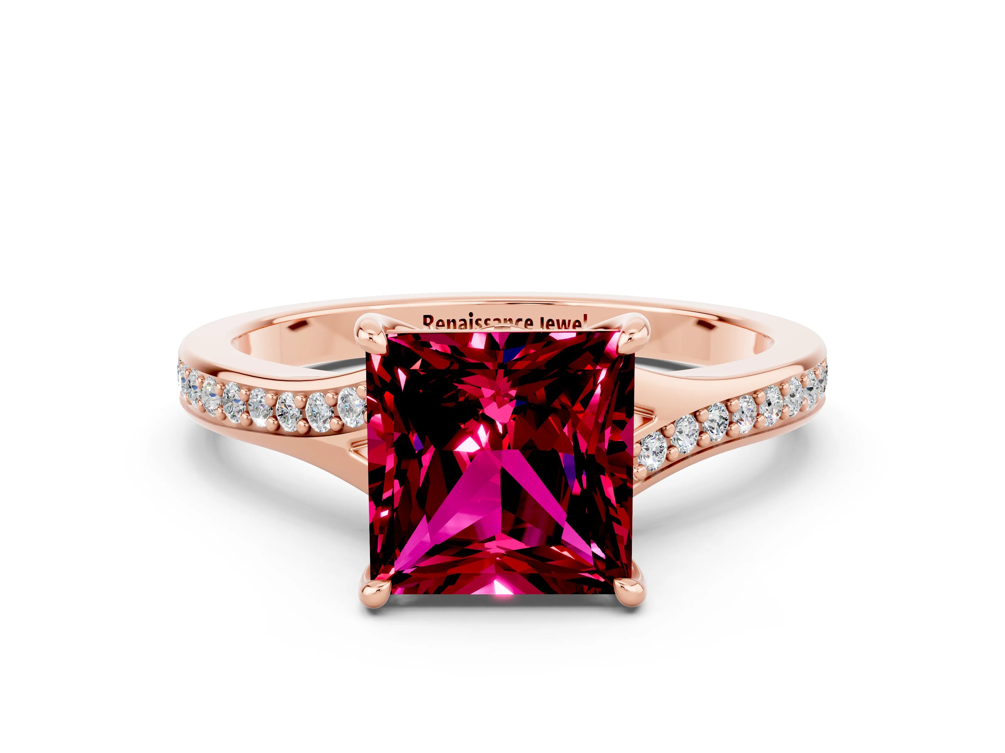 Rose gold Princess Cut Garnet Solitaire Ring with Pavé Band and Prong Setting_12