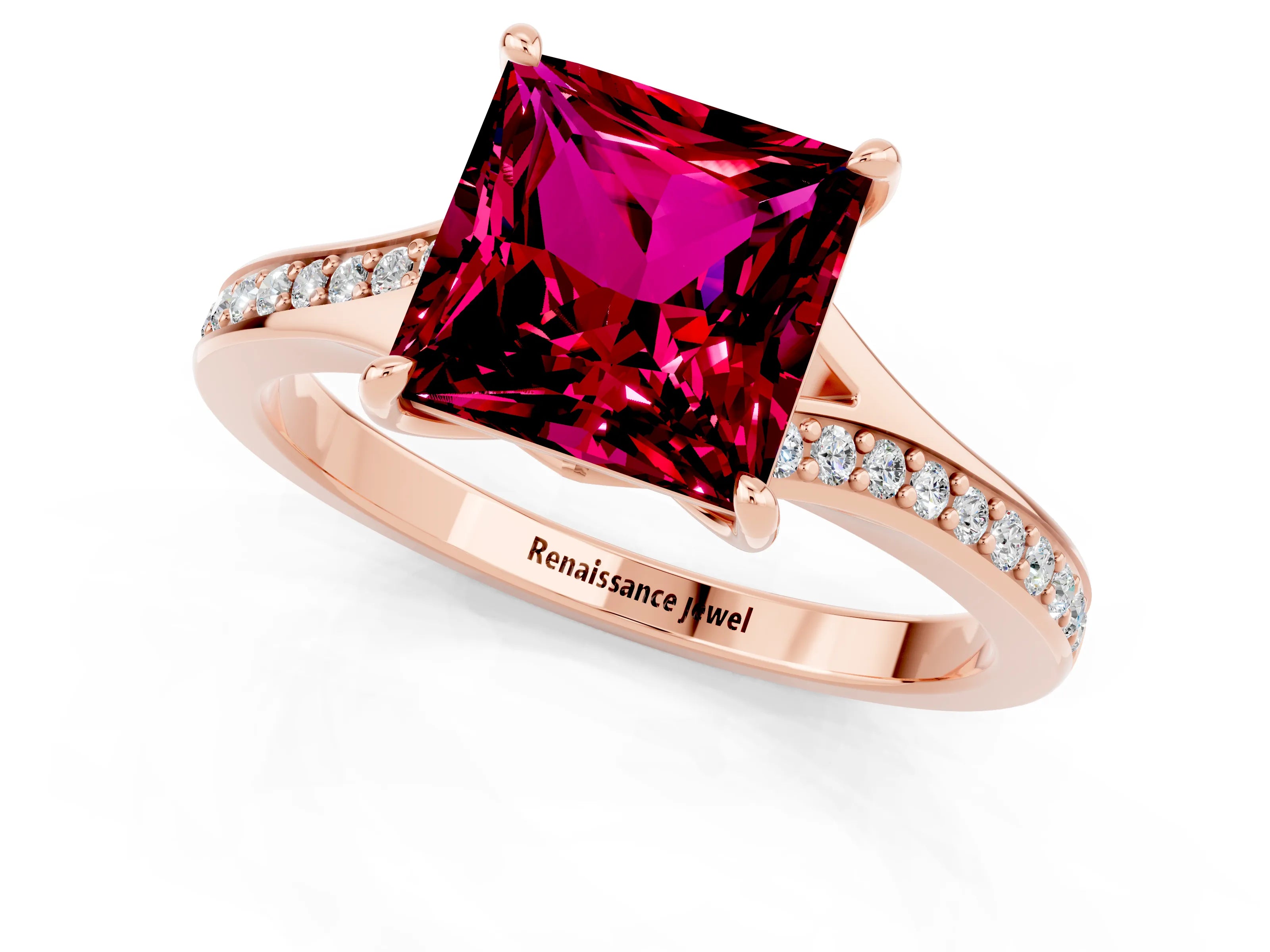 Rose gold Princess Cut Garnet Solitaire Ring with Pavé Band and Prong Setting_13