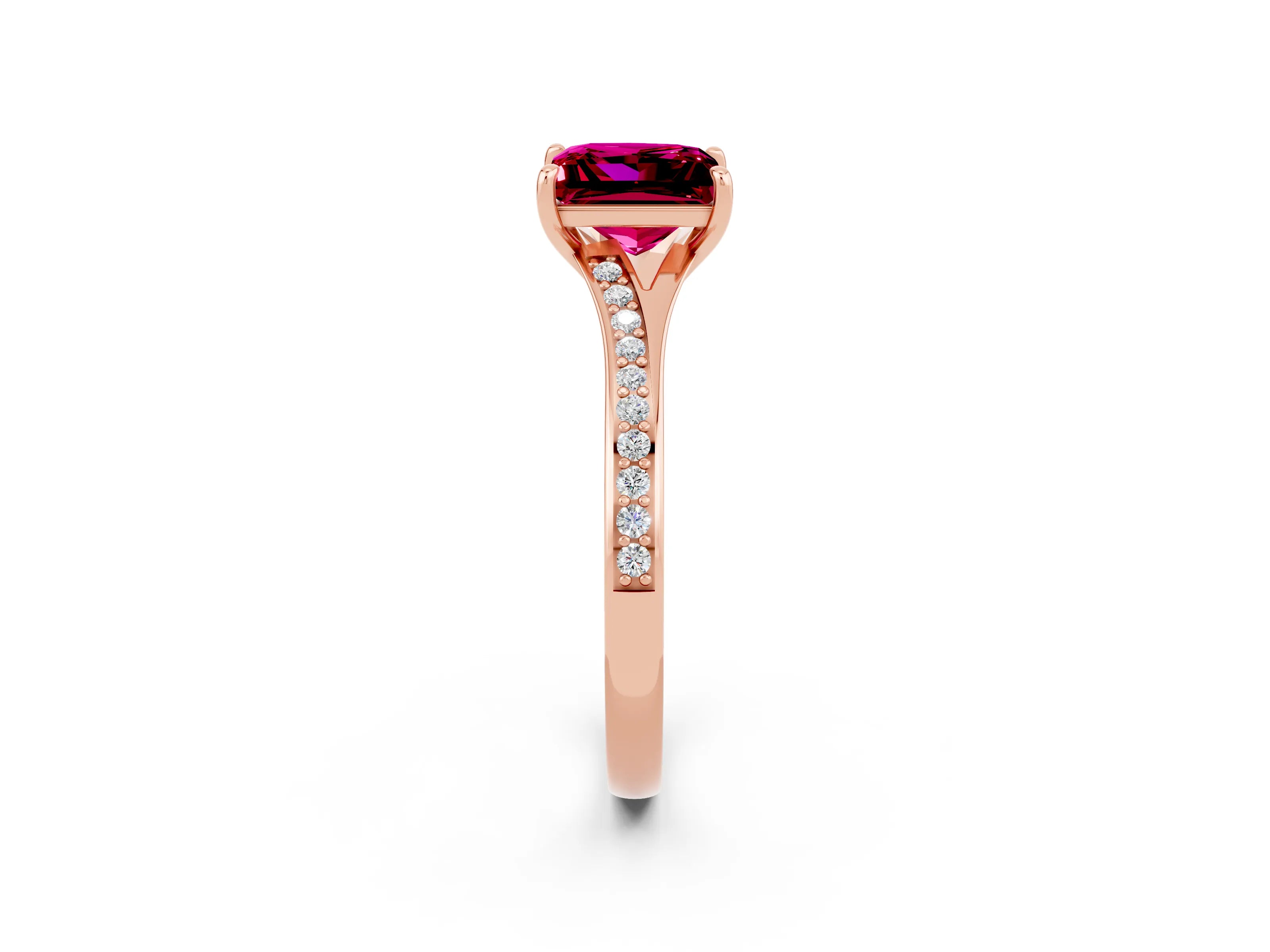 Rose gold Princess Cut Garnet Solitaire Ring with Pavé Band and Prong Setting_14