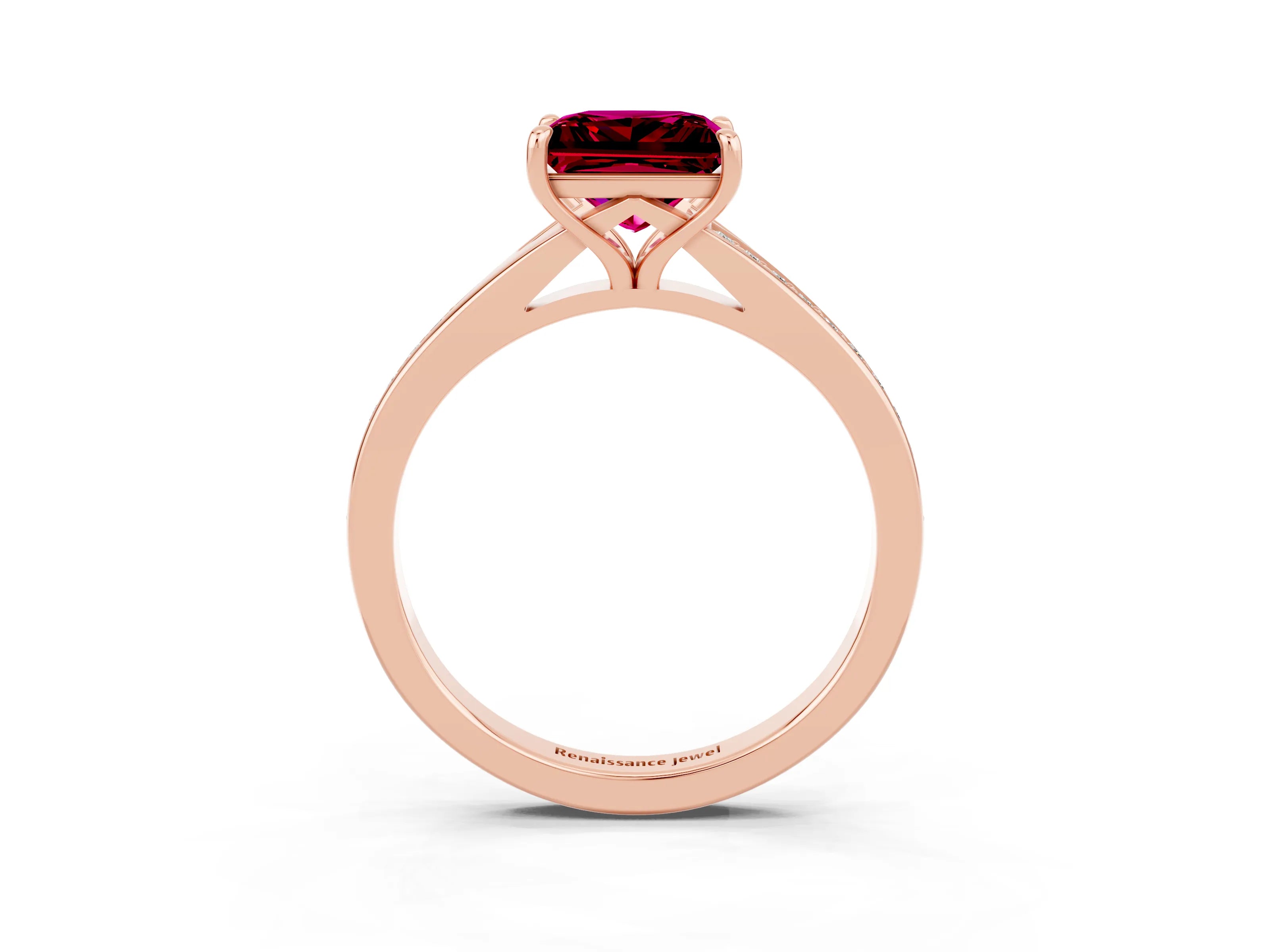Rose gold Princess Cut Garnet Solitaire Ring with Pavé Band and Prong Setting_15