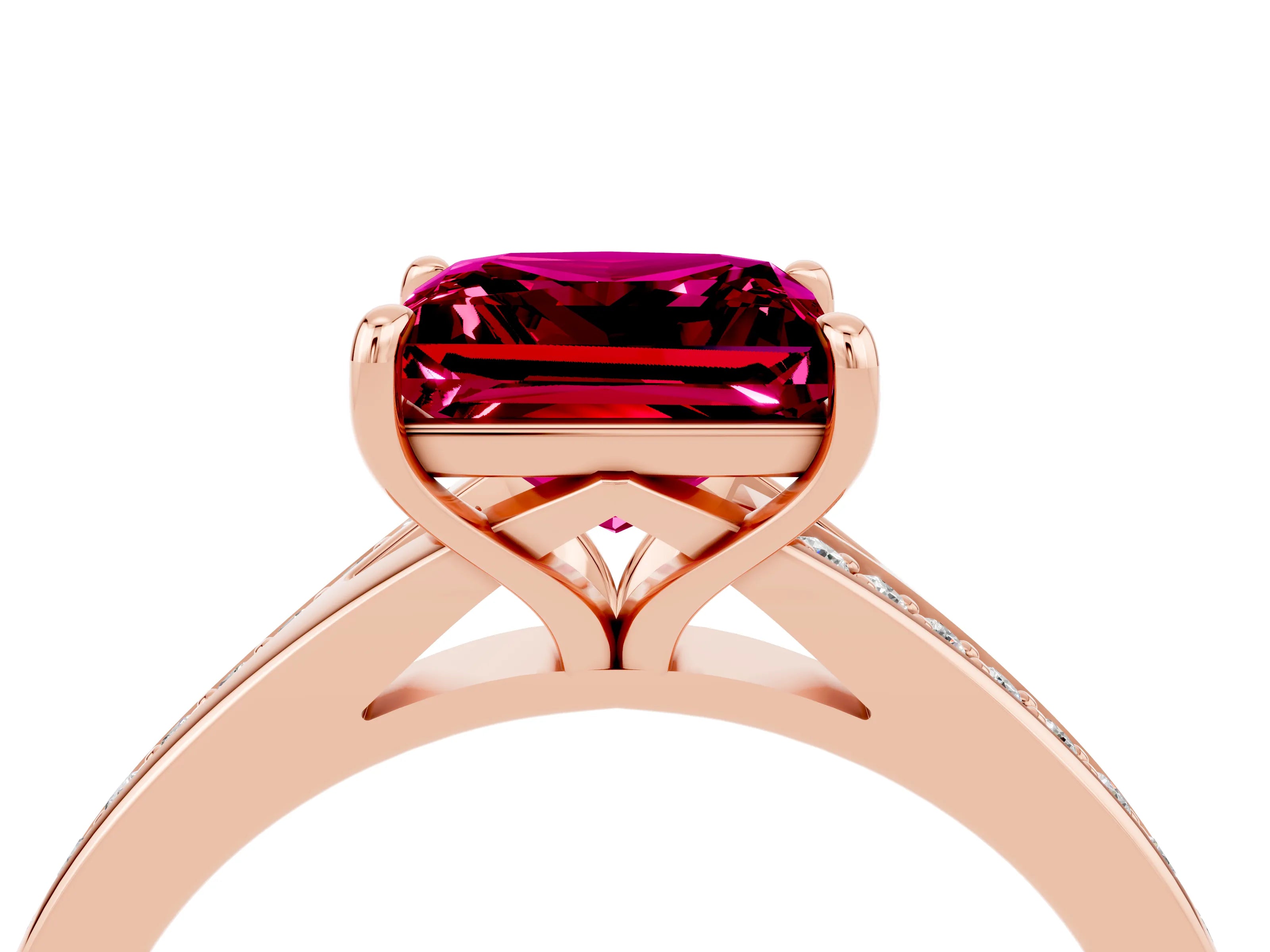 Rose gold Princess Cut Garnet Solitaire Ring with Pavé Band and Prong Setting_16