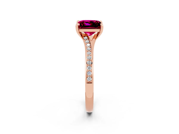 Rose gold Princess Cut Garnet Solitaire Ring with Pavé Band and Prong Setting