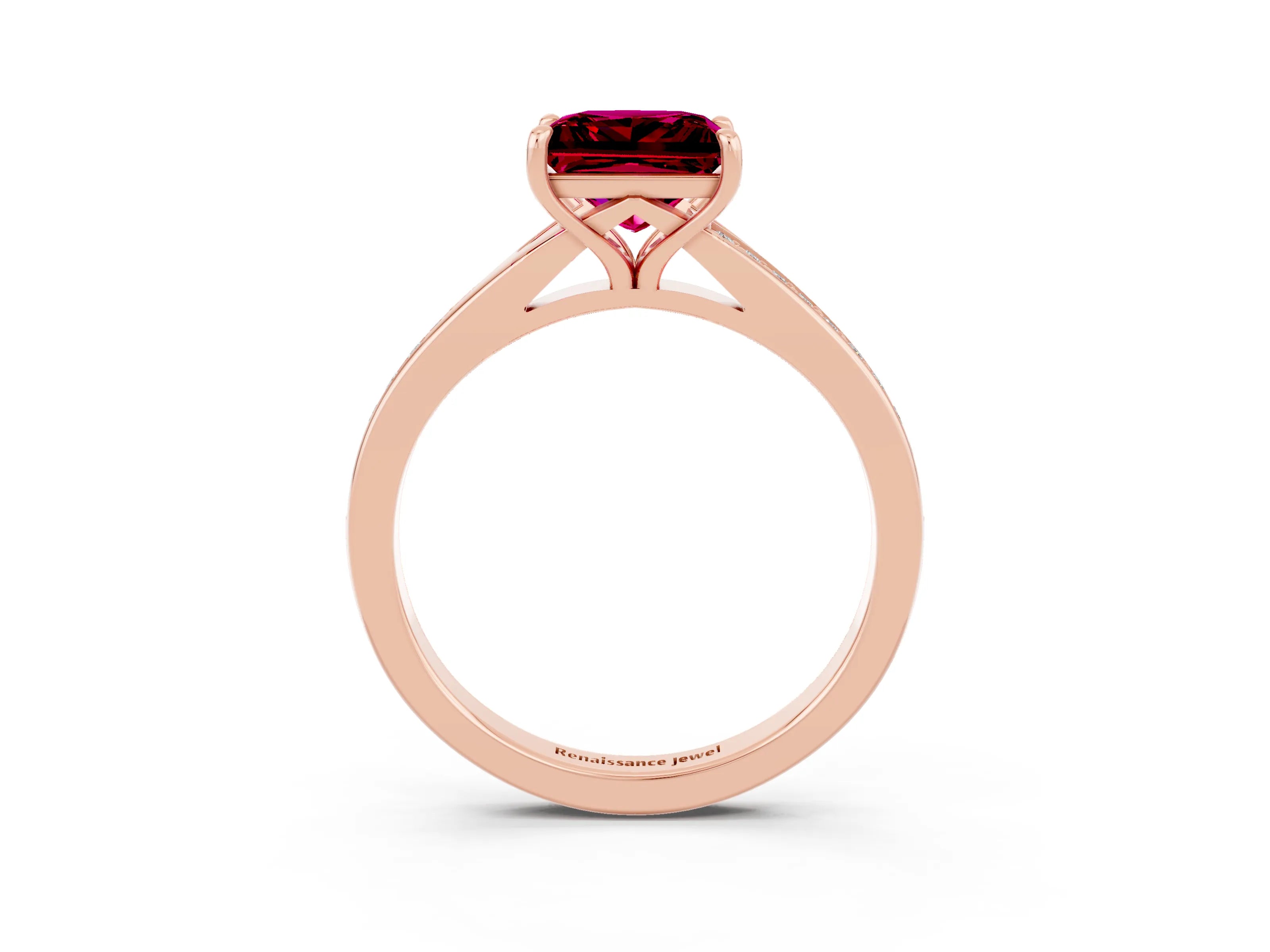 Rose gold Princess Cut Garnet Solitaire Ring with Pavé Band and Prong Setting_3