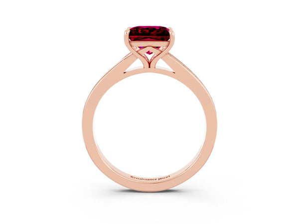 Rose gold Princess Cut Garnet Solitaire Ring with Pavé Band and Prong Setting