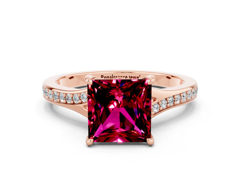 Rose gold Princess Cut Garnet Solitaire Ring with Pavé Band and Prong Setting