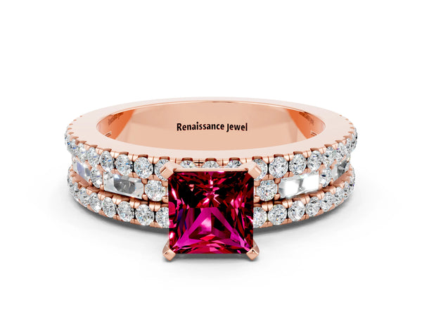 Rose gold Princess Cut Garnet Solitaire Ring with Pavé and Channel Set Band
