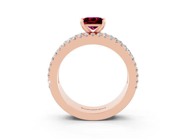 Rose gold Princess Cut Garnet Solitaire Ring with Pavé and Channel Set Band