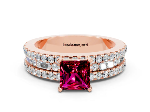 Rose gold Princess Cut Garnet Solitaire Ring with Pavé and Channel Set Band