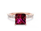 Rose gold Princess Cut Garnet Solitaire Ring with Pave Band and Four Prong Setting_24