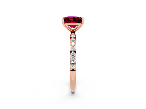 Rose gold Princess Cut Garnet Solitaire Ring with Round  Pavé Band and Prong Setting