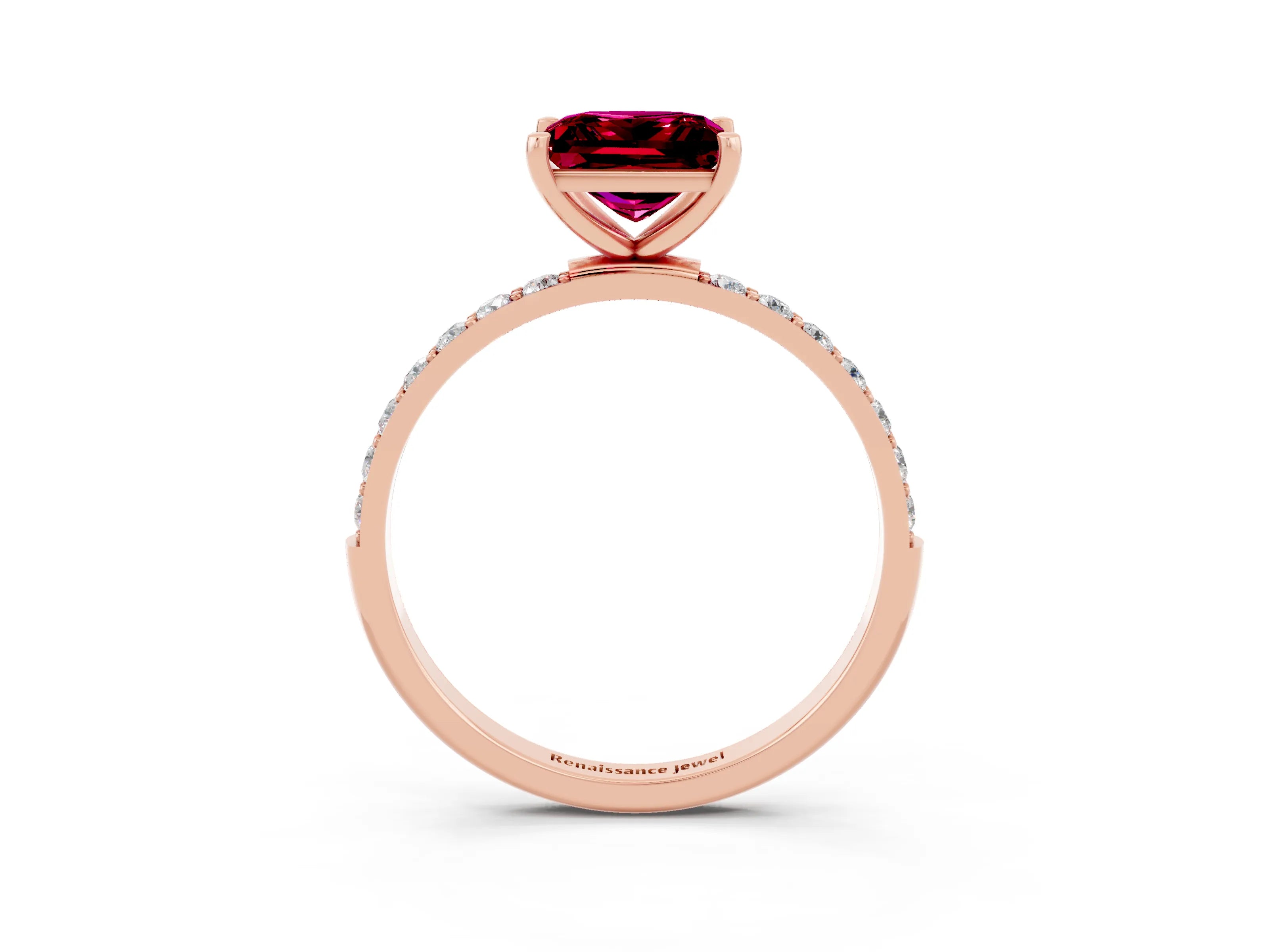 Rose gold Princess Cut Garnet Solitaire Ring with Pave Band and Four Prong Setting_27