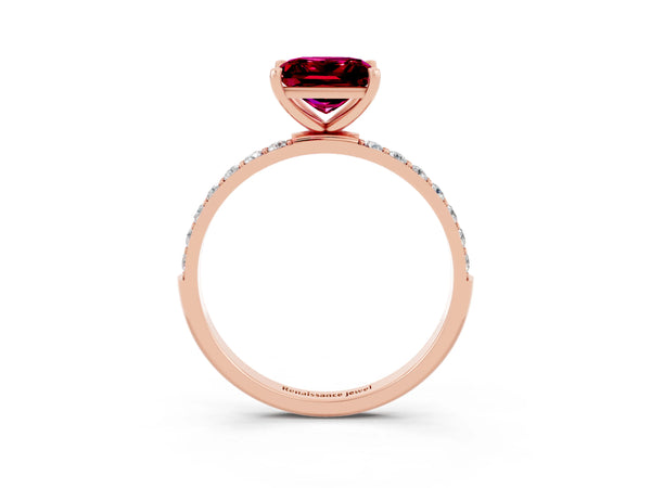 Rose gold Princess Cut Garnet Solitaire Ring with Round  Pavé Band and Prong Setting
