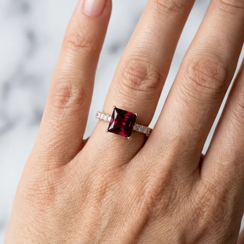 Rose gold Princess Cut Garnet Solitaire Ring with Round  Pavé Band and Four-Prong Setting_42