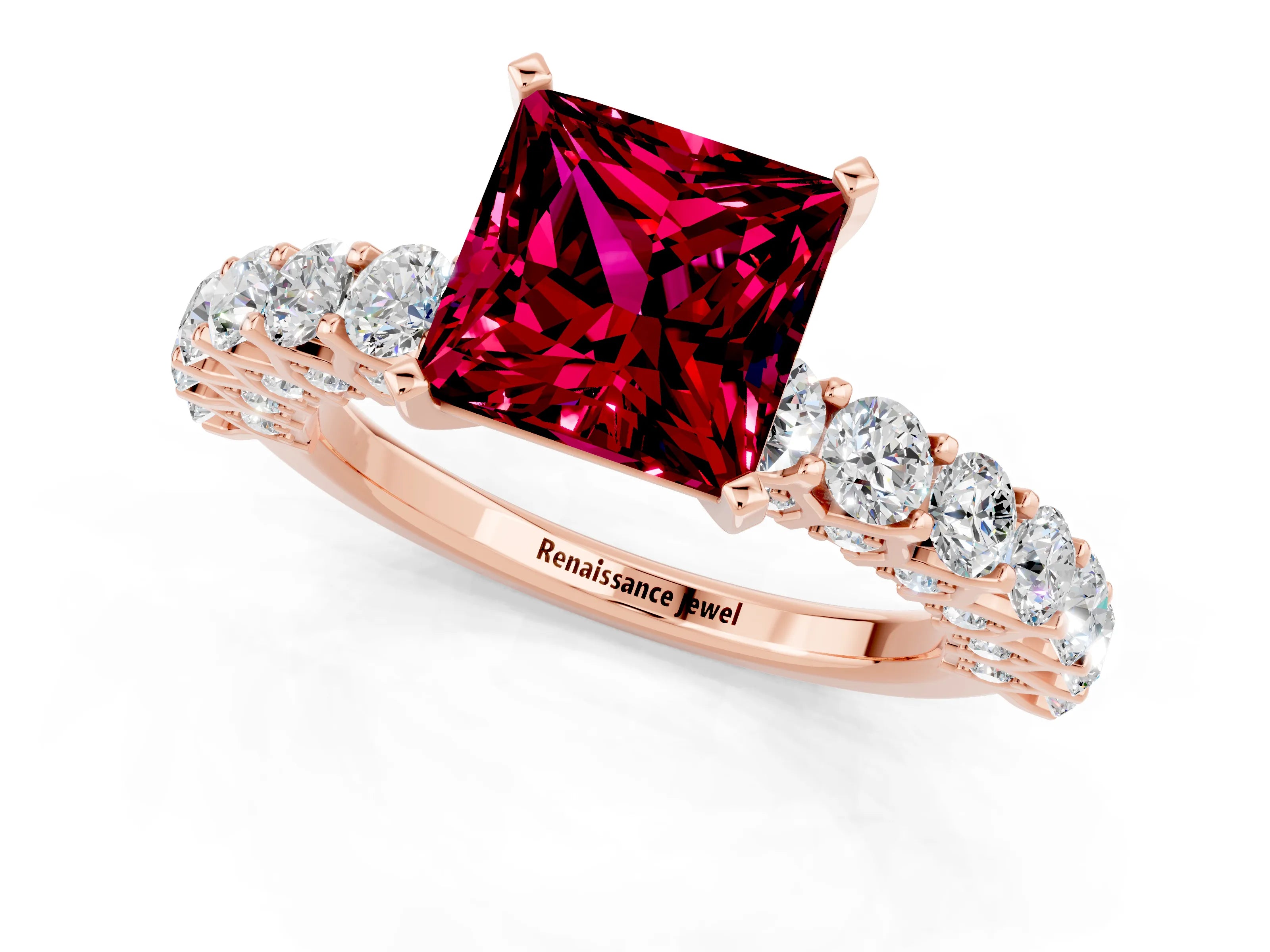 Rose gold Princess Cut Garnet Solitaire Ring with Shared Prong Pavé Band and Four-Prong Setting_1