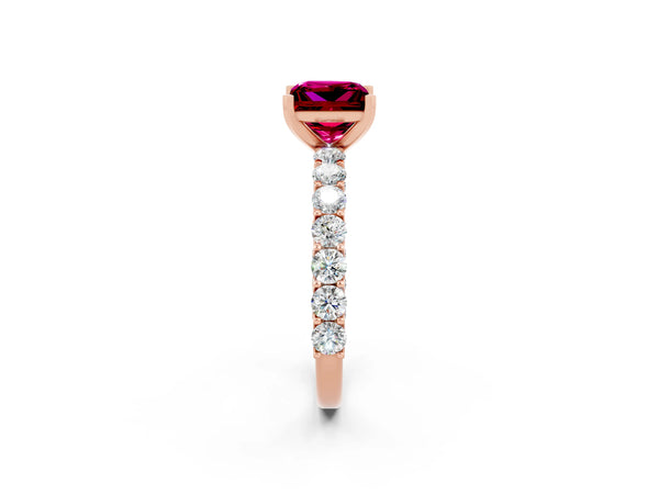 Rose gold Princess Cut Garnet Solitaire Ring with Shared Prong Pavé Band and Four-Prong Setting