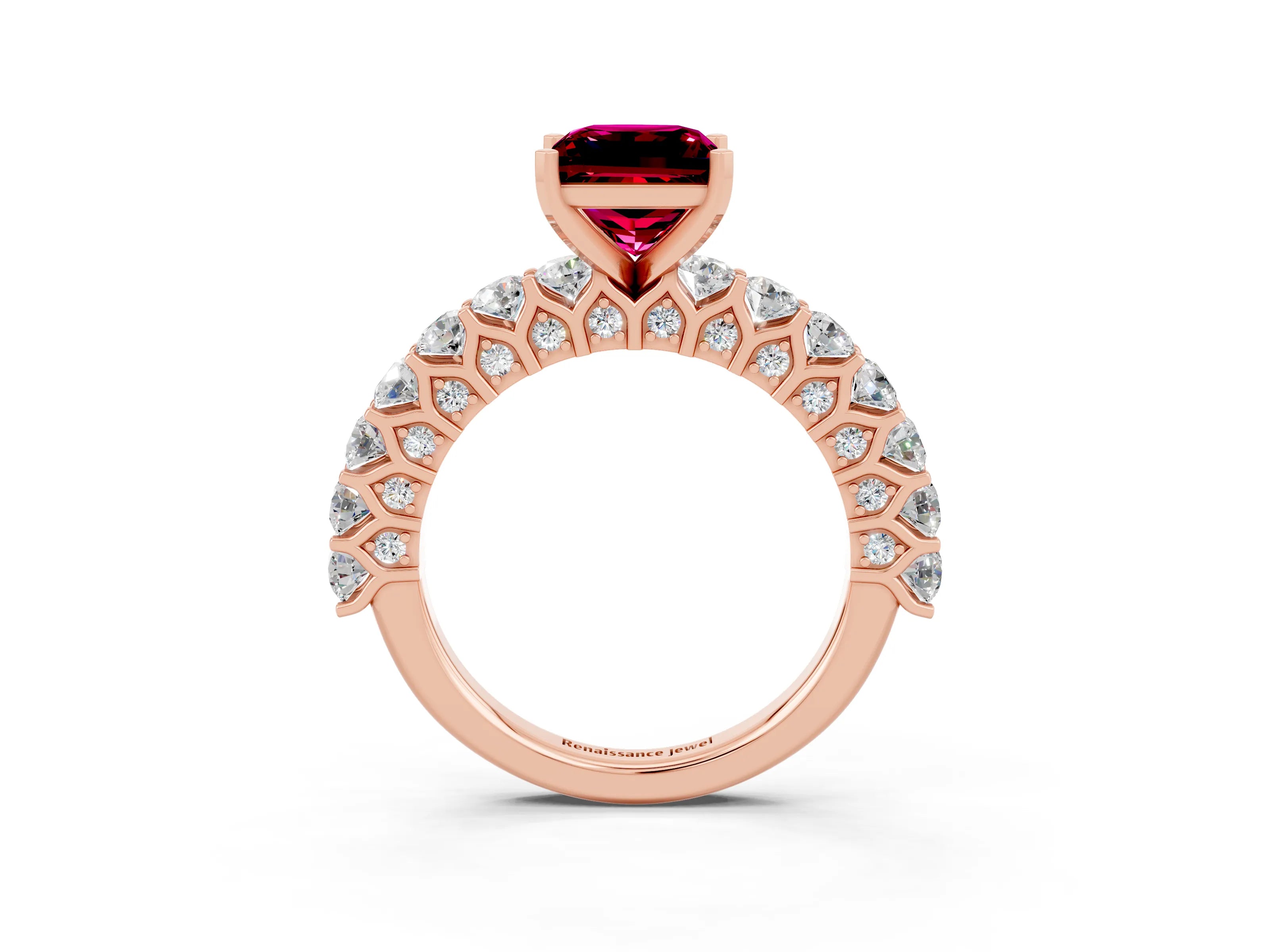 Rose gold Princess Cut Garnet Solitaire Ring with Shared Prong Pavé Band and Four-Prong Setting_3