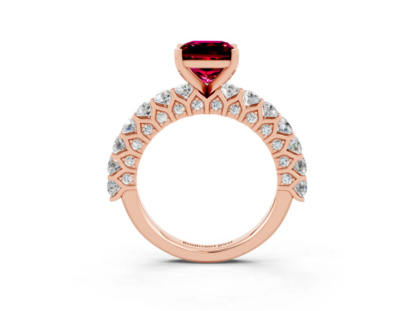 Rose gold Princess Cut Garnet Solitaire Ring with Shared Prong Pavé Band and Four-Prong Setting
