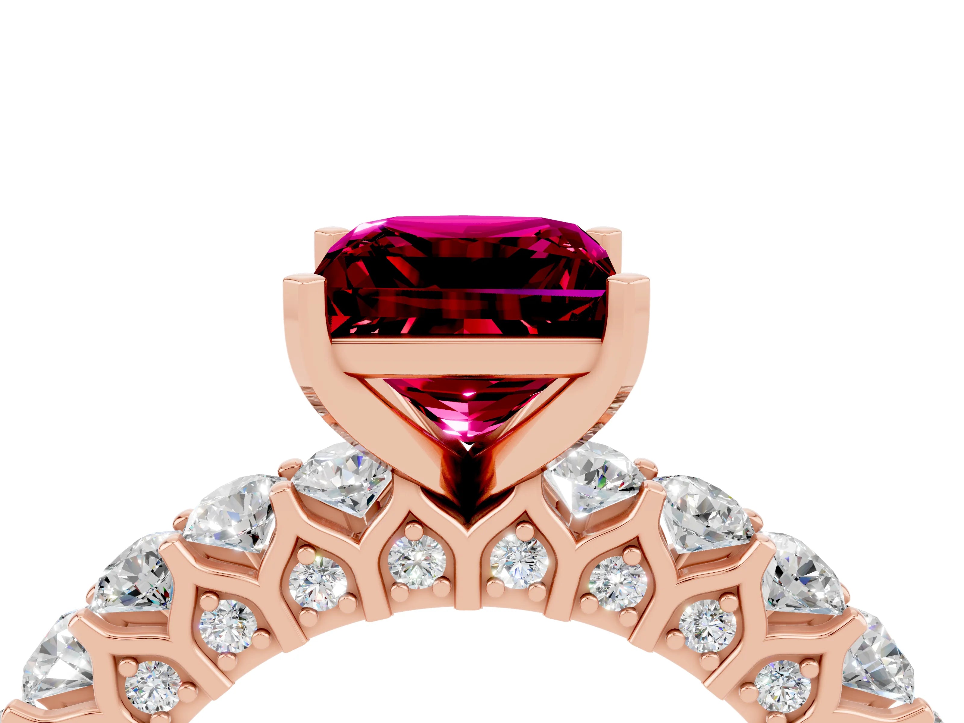 Rose gold Princess Cut Garnet Solitaire Ring with Shared Prong Pavé Band and Four-Prong Setting_4