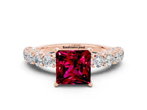 Rose gold Princess Cut Garnet Solitaire Ring with Shared Prong Pavé Band and Four-Prong Setting