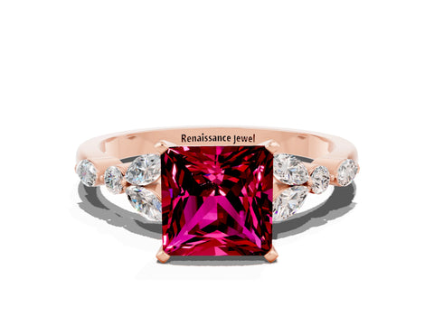 Rose gold Princess Cut Garnet Solitaire Ring with Side Stones and Four-Prong Setting_12