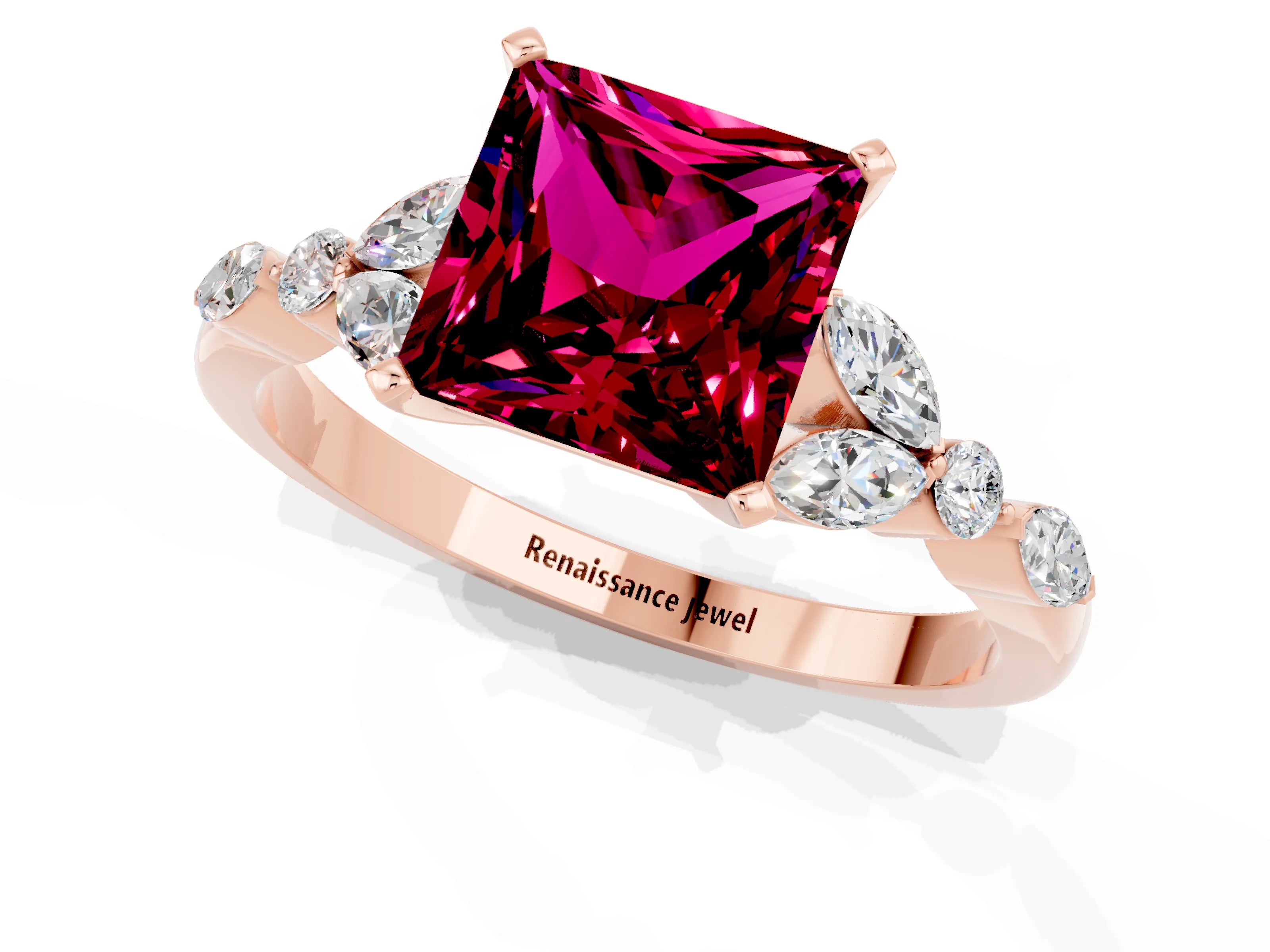 Rose gold Princess Cut Garnet Solitaire Ring with Side Stones and Four-Prong Setting_13