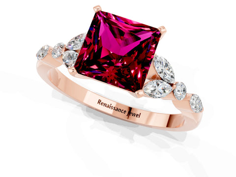 Rose gold Princess Cut Garnet Solitaire Ring with Side Stones and Four-Prong Setting_13