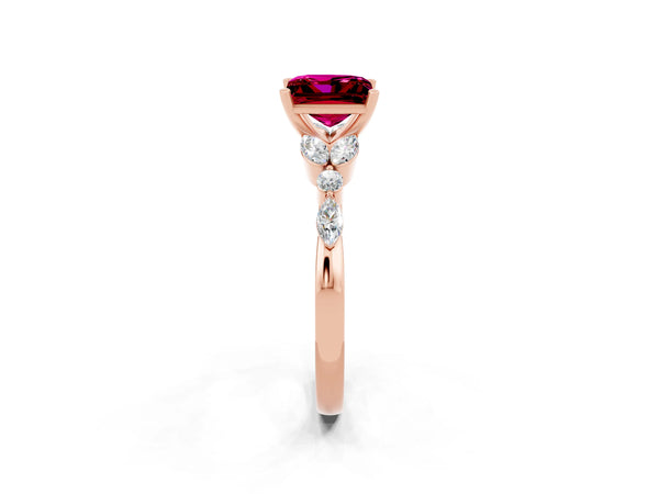 Rose gold Princess Cut Garnet Solitaire Ring with Side Stones and Four-Prong Setting