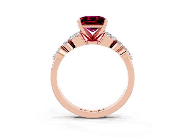 Rose gold Princess Cut Garnet Solitaire Ring with Side Stones and Four-Prong Setting