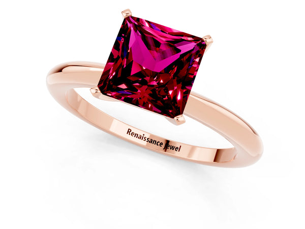 Rose gold Princess Cut Garnet Solitaire Ring with Six-Prong Setting and Classic Band