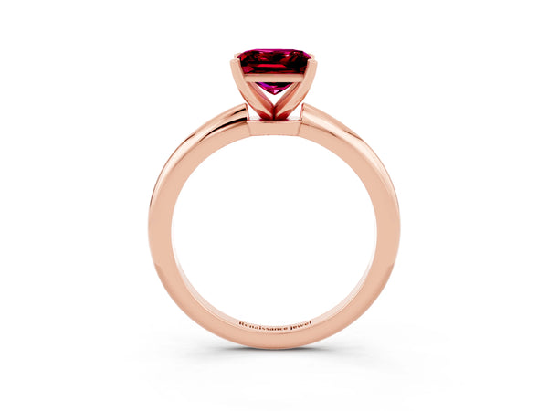 Rose gold Princess Cut Garnet Solitaire Ring with Six-Prong Setting and Classic Band