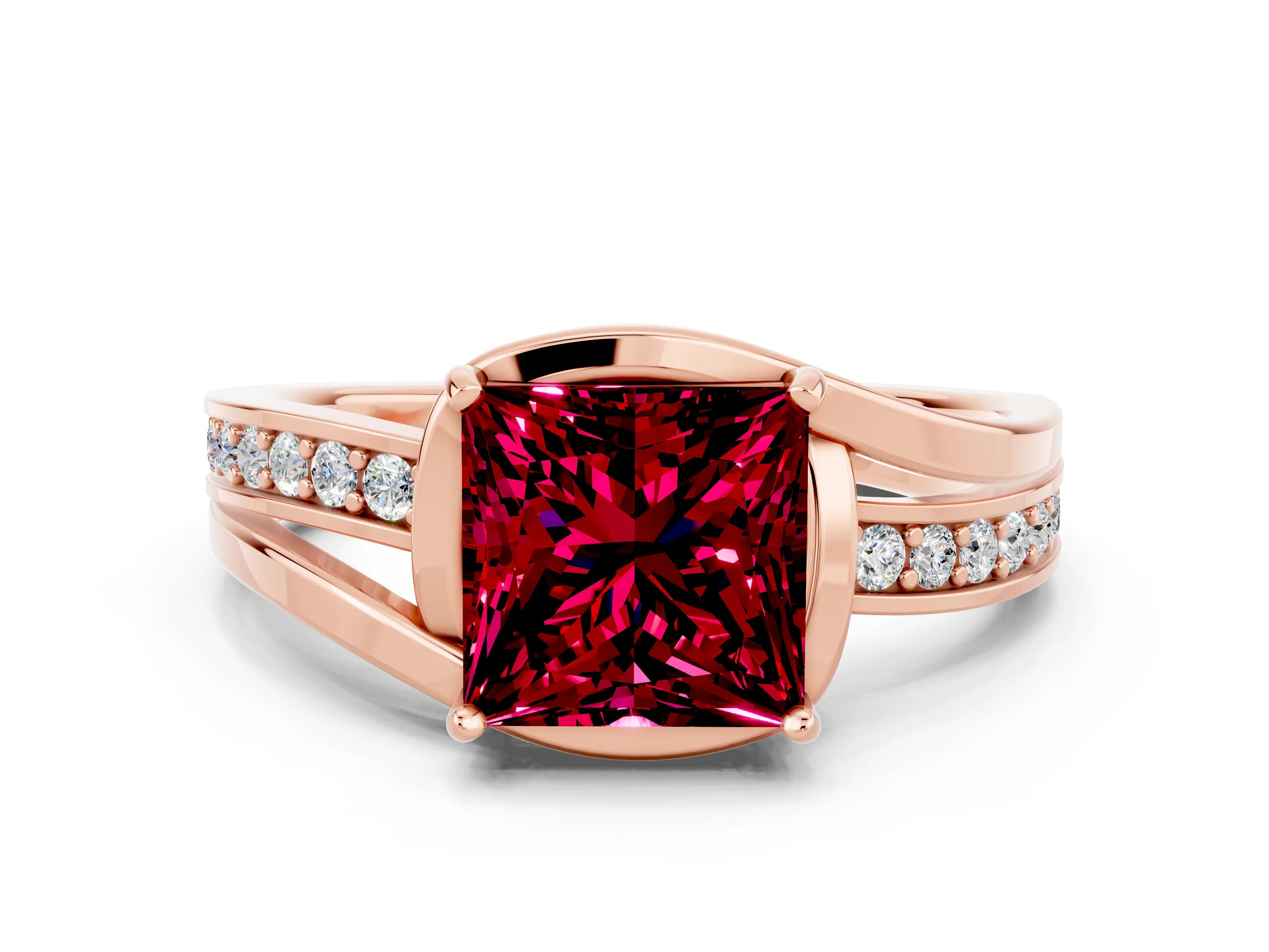 Rose gold Princess Cut Garnet Solitaire Ring with Split Shank and Prong Setting