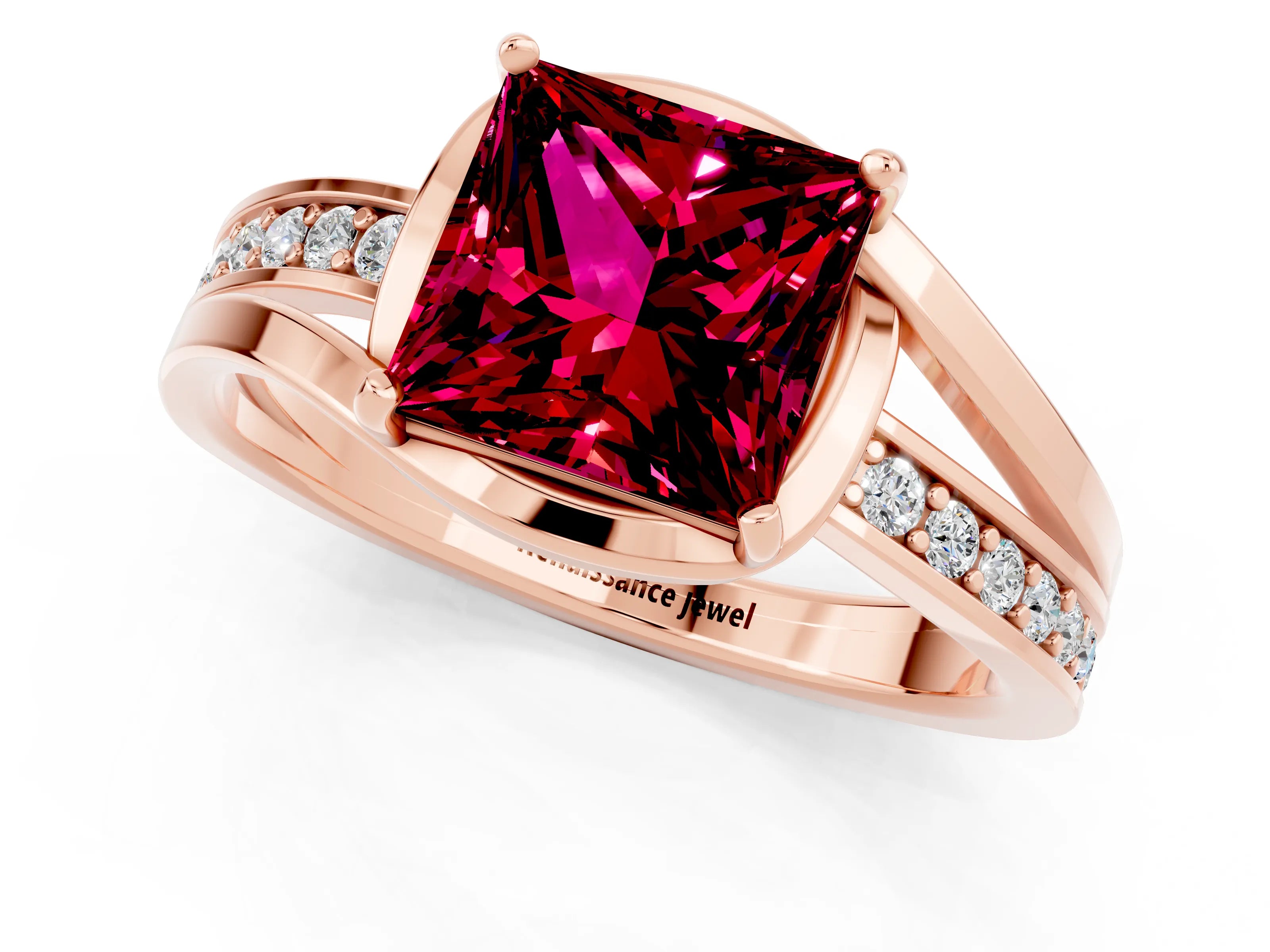 Rose gold Princess Cut Garnet Solitaire Ring with Split Shank and Prong Setting_1