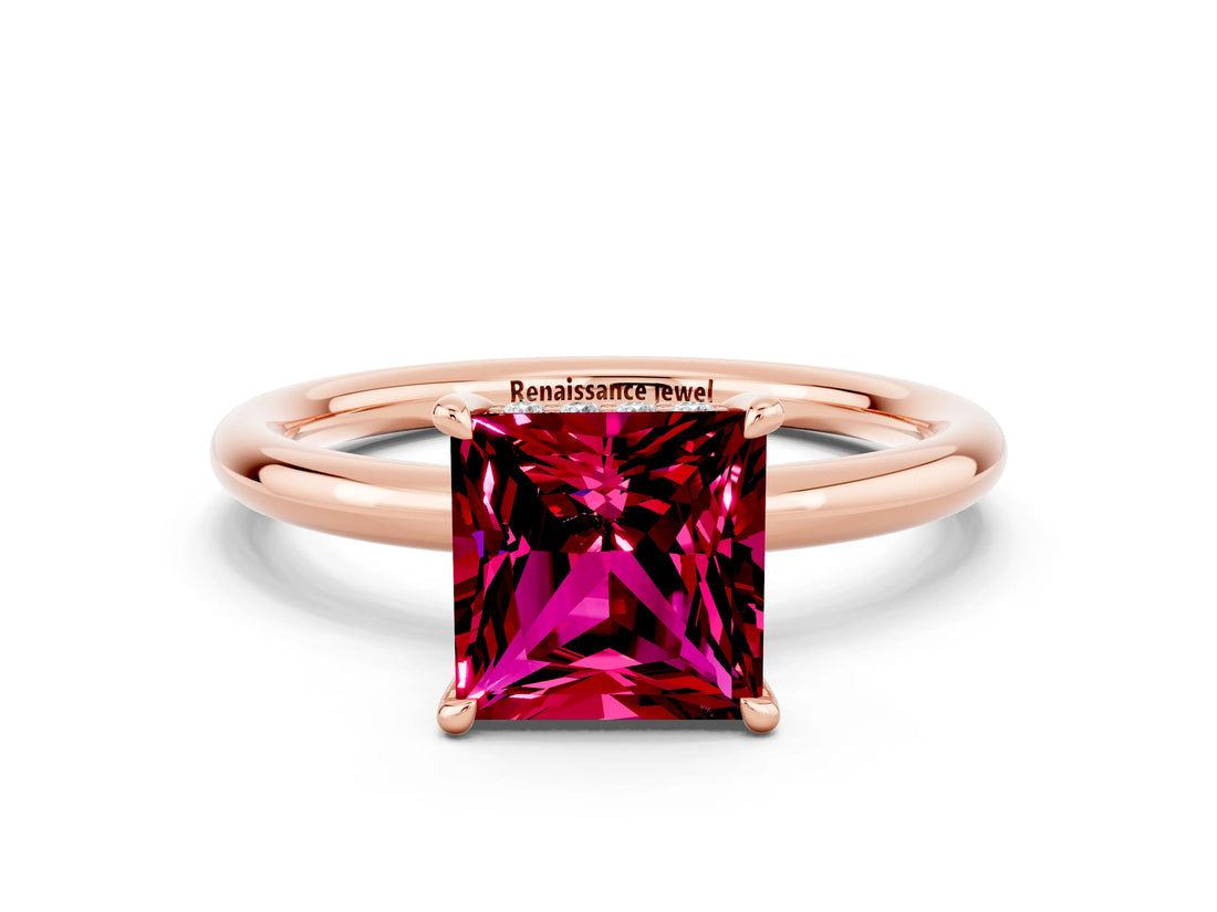Rose gold Princess Cut Garnet Solitaire Ring with Thin Band and Four-Prong Setting