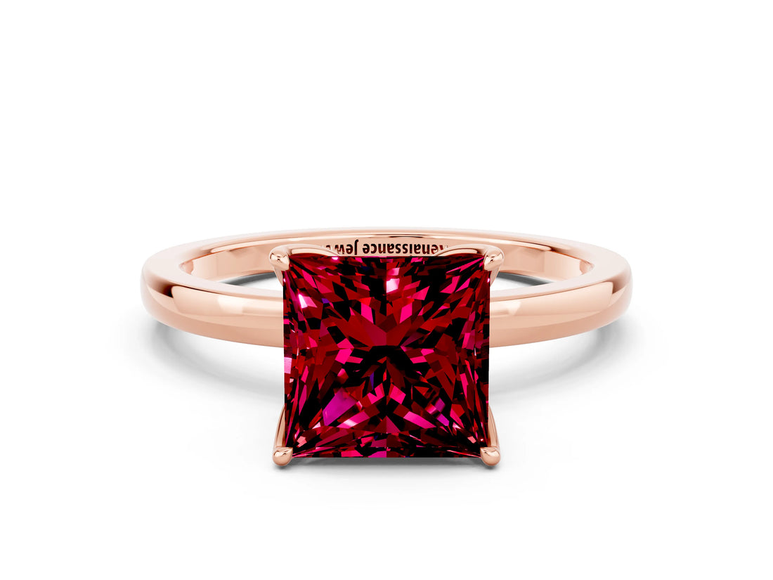 Rose gold Princess Cut Garnet Solitaire Ring with Thin Band and Prong Setting_12